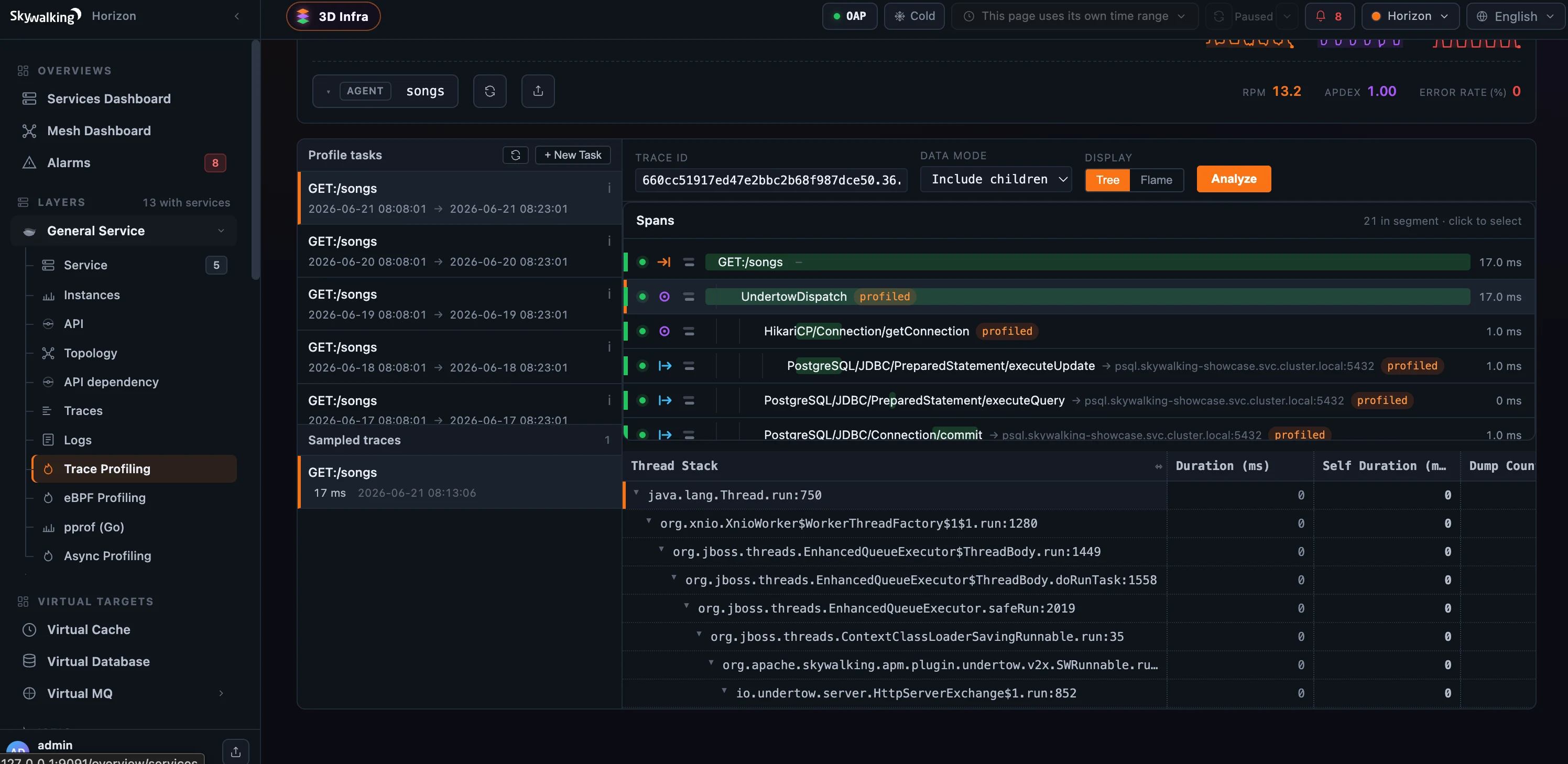 图 2：展开一个 Layer 后，它会展开成完整操作路径。这里 General Service 显示 Service、Instances、API、Topology、API dependency、Traces、Logs 和四个 profiling 引擎，右侧画布显示选中服务的仪表盘。
